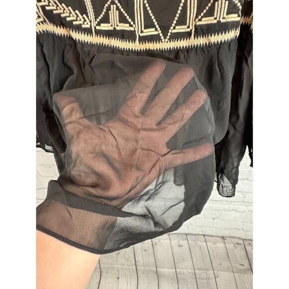 SUNDANCE black silk beige embroidered semi-sheer blouse top size XL NWOT - Picture 3 of 8